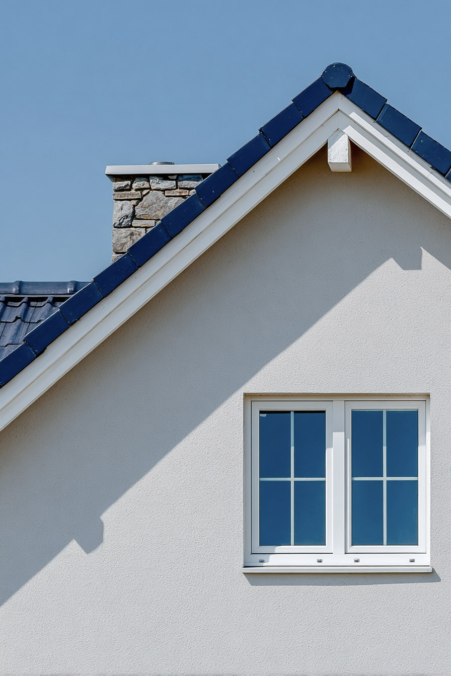 Exterior house facade with white stucco gable, grid window, sloped blue roof and stone chimney.