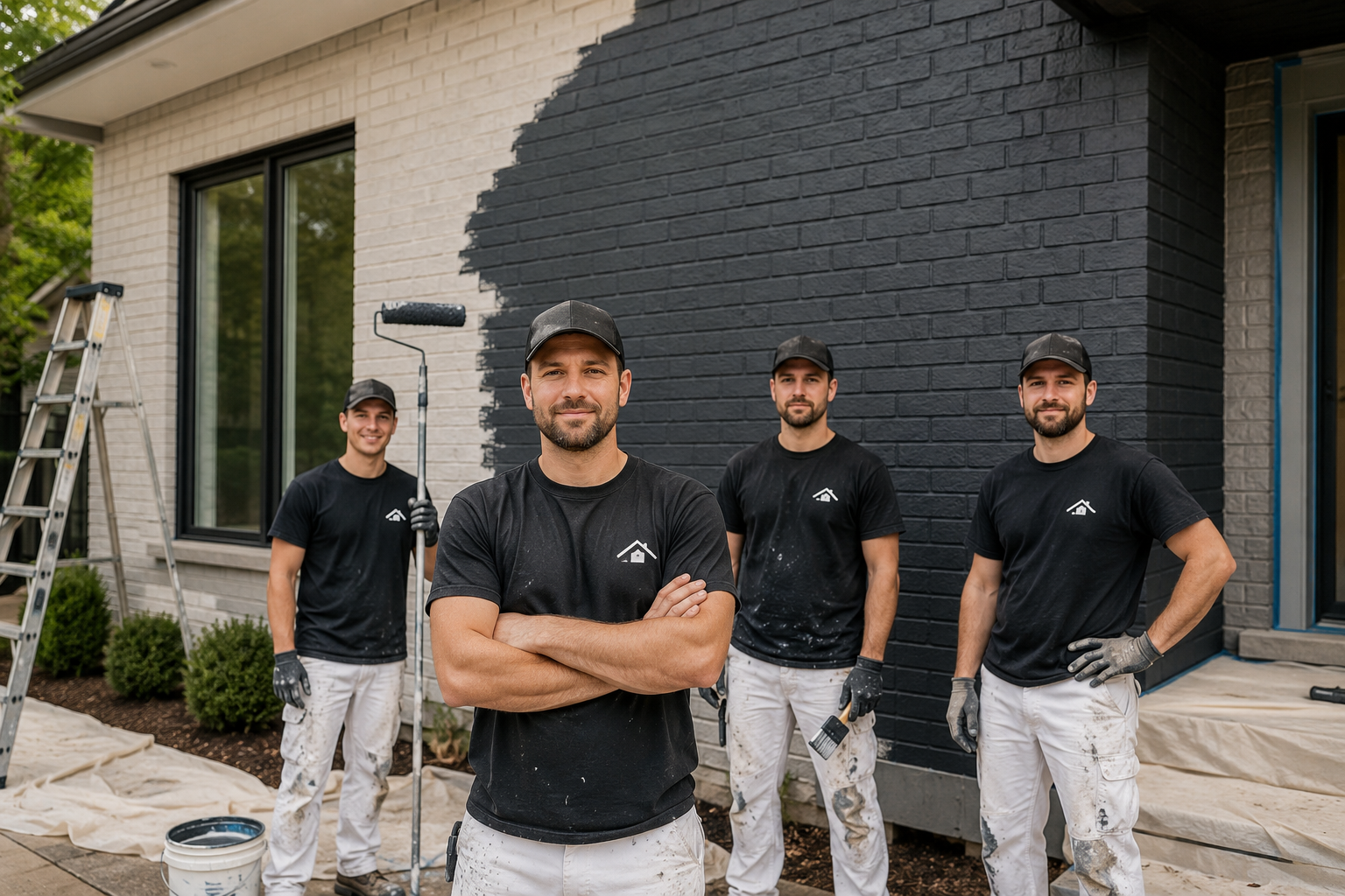 Team of four painters in front of a brick house while applying black paint to the exterior façade, with a roller, brush, ladder, and protective drop cloths