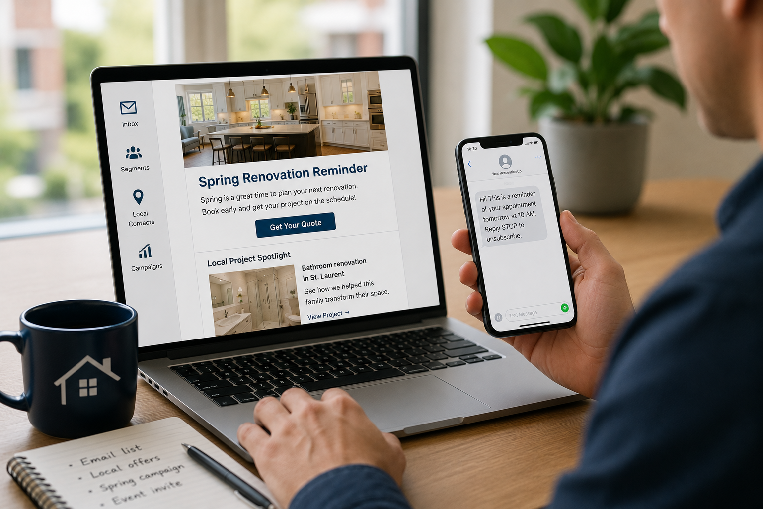 Professional reviewing a marketing campaign for renovation services on a laptop while receiving an appointment reminder by text message on a smartphone.