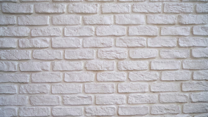 Interior white textured brick wall with visible mortar joints and decorative finish.