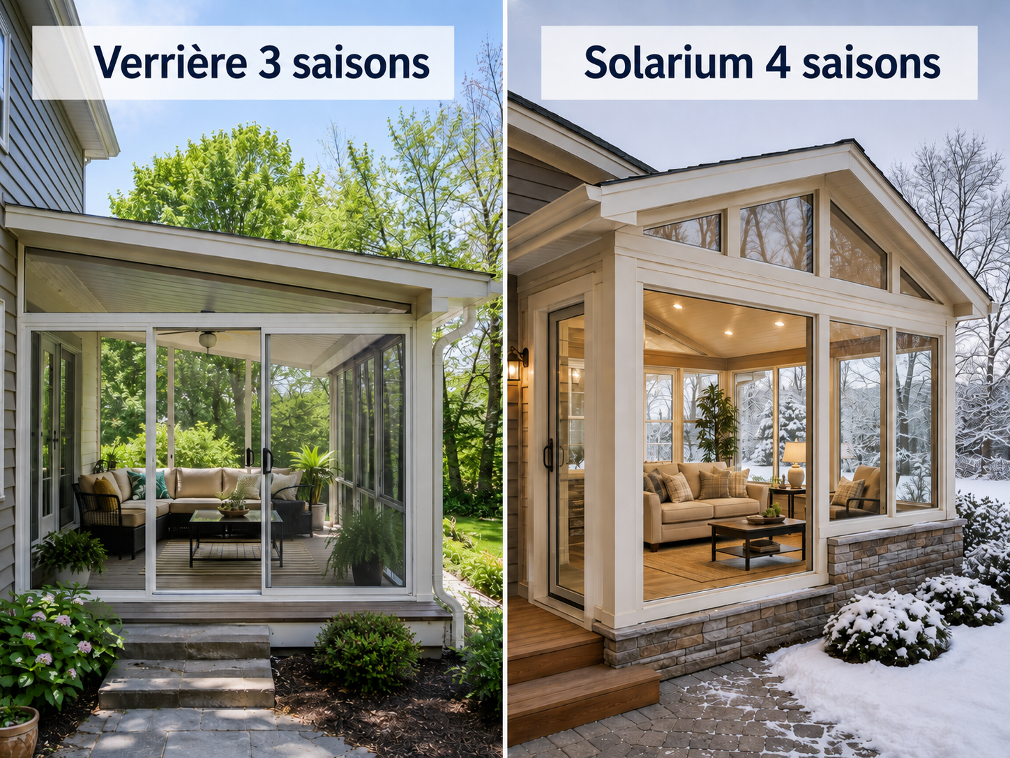 Comparaison entre une verrière trois saisons utilisée au printemps et en été et un solarium quatre saisons isolé pour une utilisation confortable toute l’année