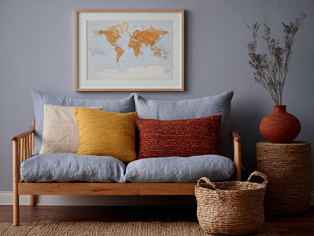 Salon de style bohème avec canapé en bois clair, coussins colorés, carte du monde encadrée et accessoires en fibres naturelles.