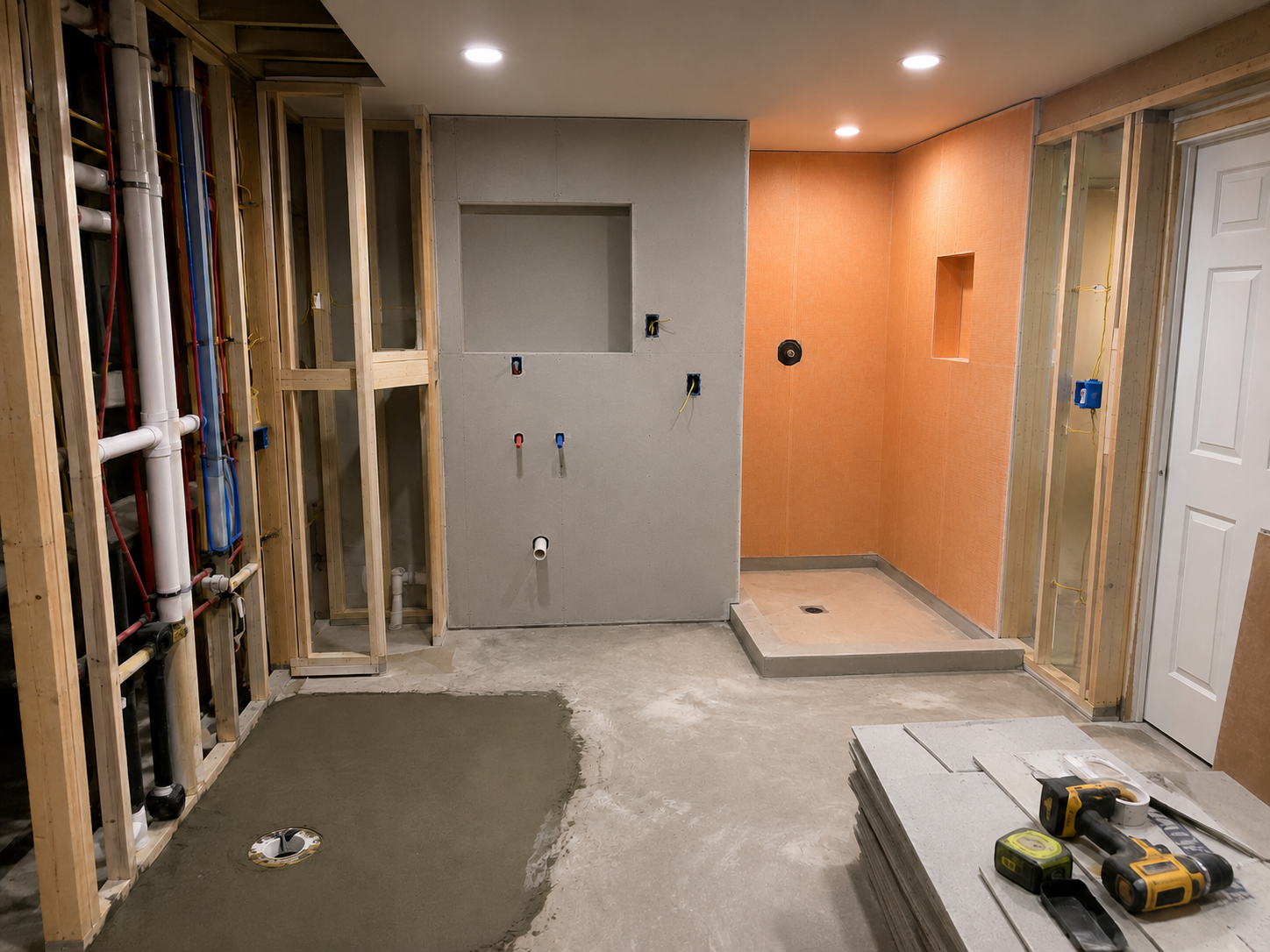 Salle de bain en sous-sol en cours de rénovation avec ossature en bois, plomberie apparente, éclairage encastré, panneaux muraux étanches et base de douche prête à carreler