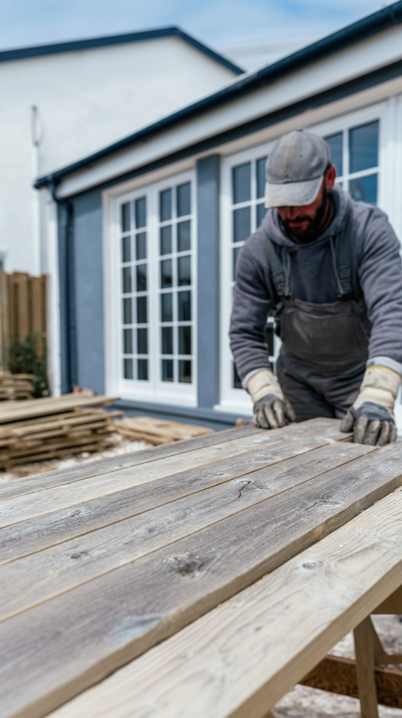 Renovation worker sanding wooden boards for outdoor patio construction in front of a modern house
