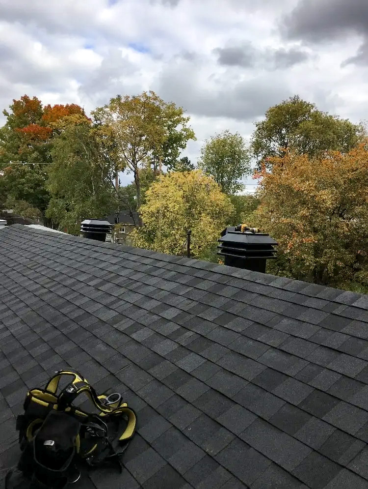 Toit en bardeaux d’asphalte avec équipement de sécurité posé, entouré d’arbres aux couleurs d’automne