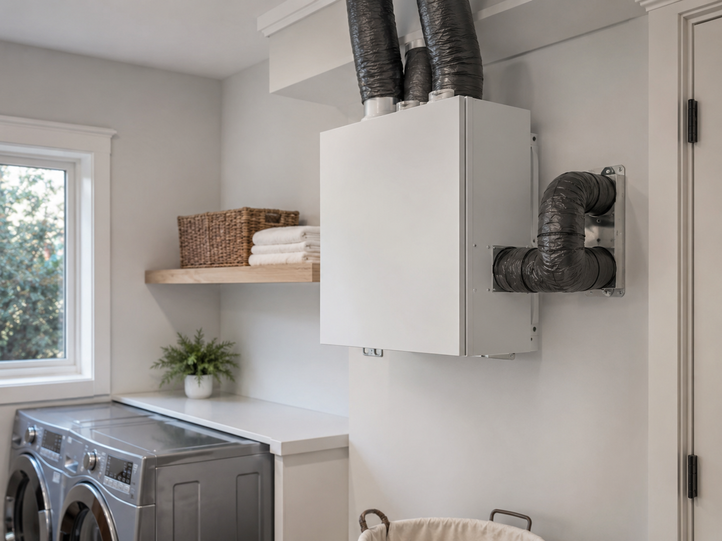 Modern laundry room air exchanger installed with ductwork to improve home ventilation and indoor air quality.