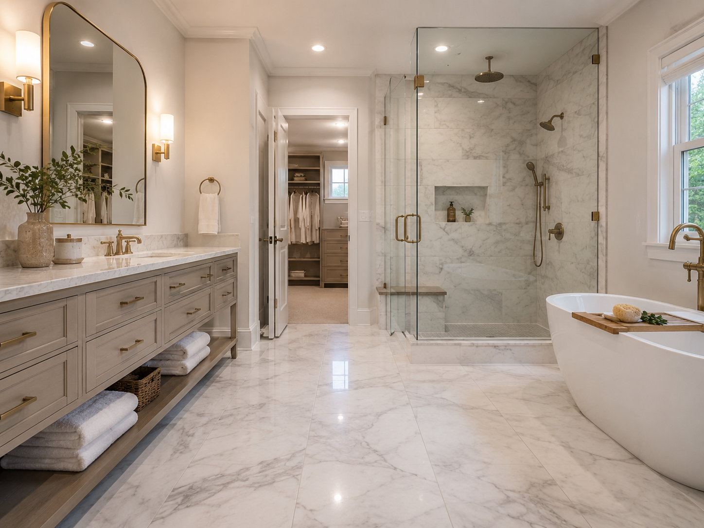 Salle de bain élégante avec carrelage en porcelaine effet marbre, douche vitrée, baignoire autoportante et ambiance spa.