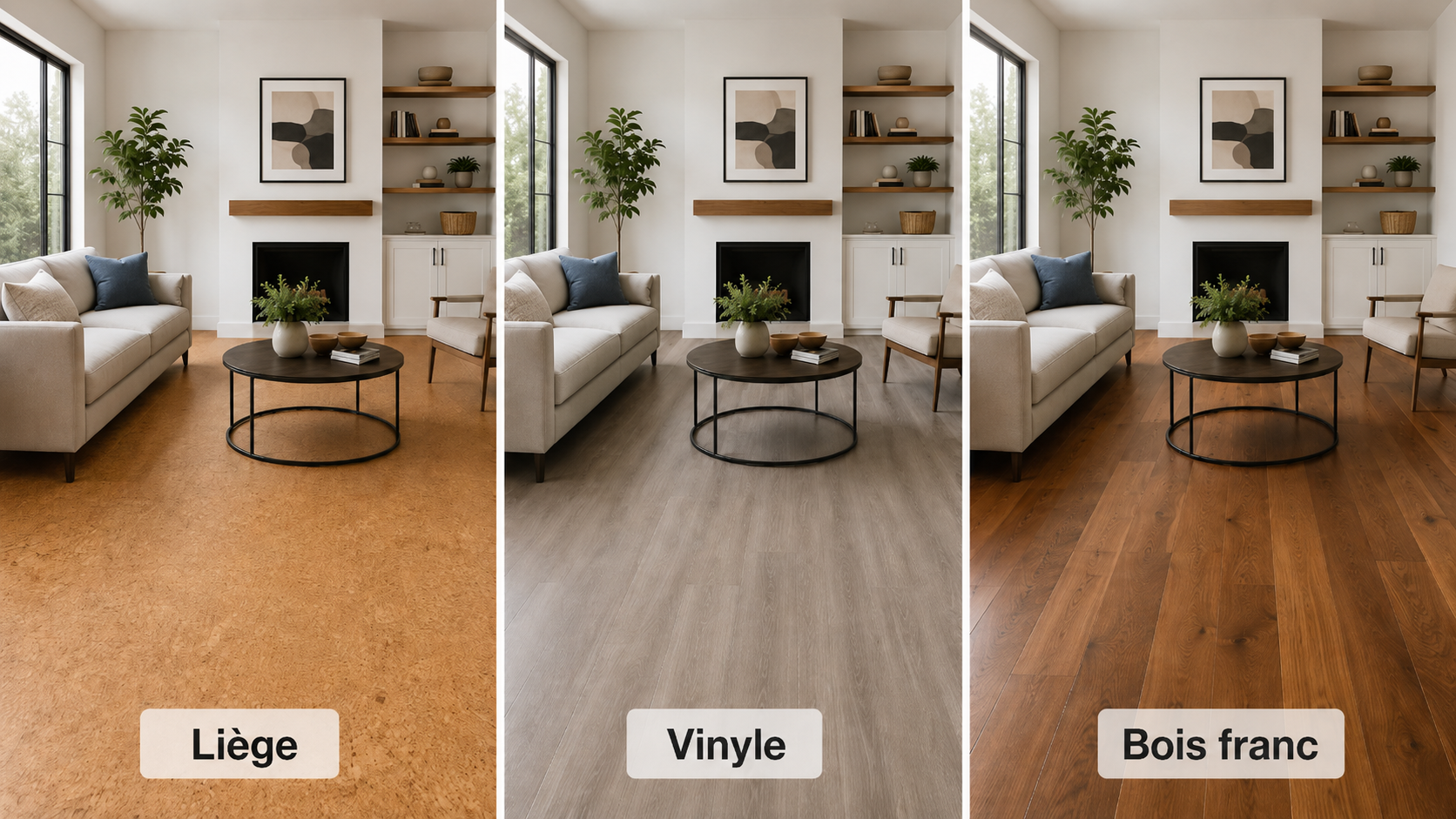 Comparaison de planchers en liège, vinyle et bois franc dans un salon moderne avec foyer et mobilier clair