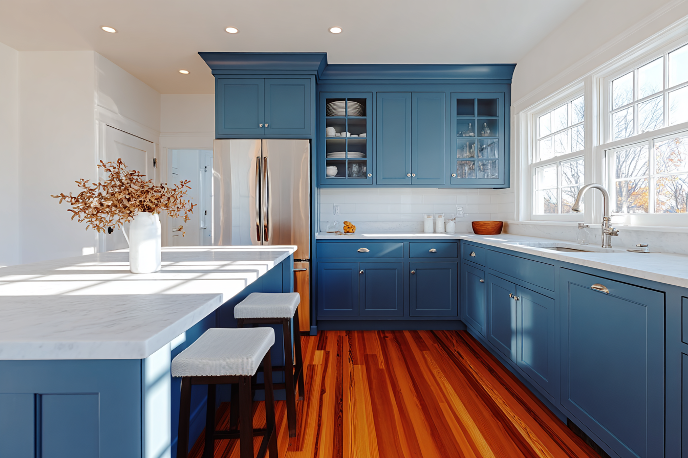 Cuisine moderne avec armoires bleues, îlot central et comptoir en quartz blanc