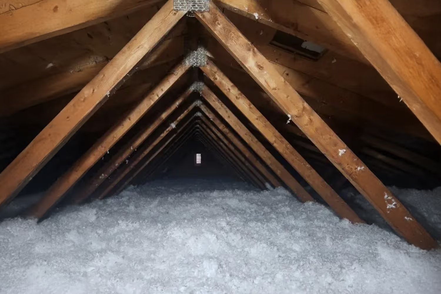 Entretoit résidentiel avec fermes de toit en bois et épaisse couche d’isolation soufflée blanche au plancher.