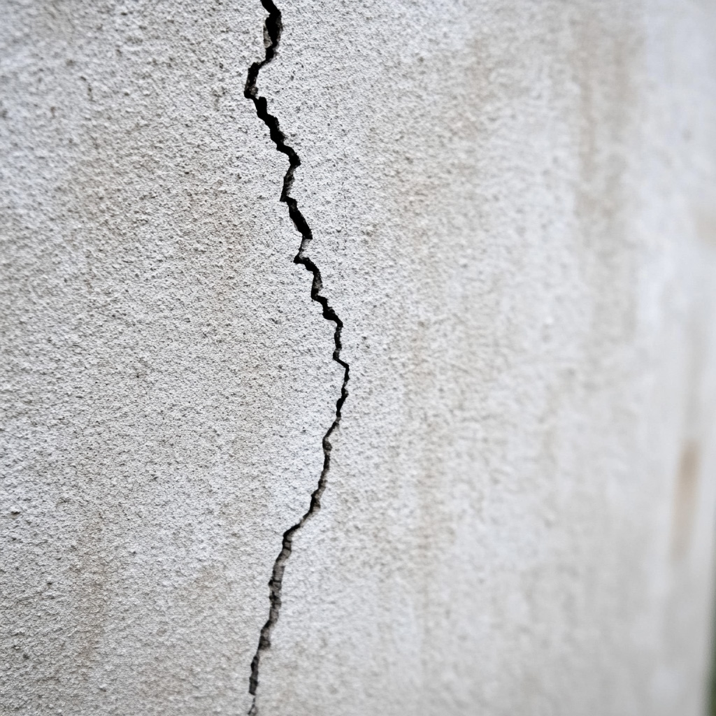 Fissure verticale visible sur un mur en béton, signe potentiel de problème structurel ou de fondation