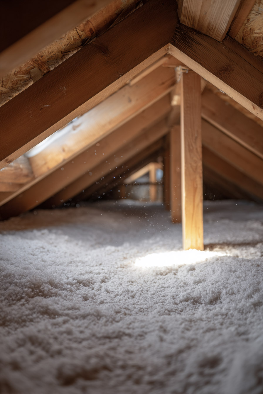 Entretoit résidentiel avec isolant soufflé blanc, charpente de bois apparente et lumière naturelle sous la toiture.