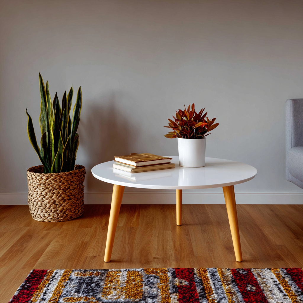 Modern living room corner with round white coffee table, potted plants, decorative books, wooden floor, colorful rug and minimalist gray wall<br><br>