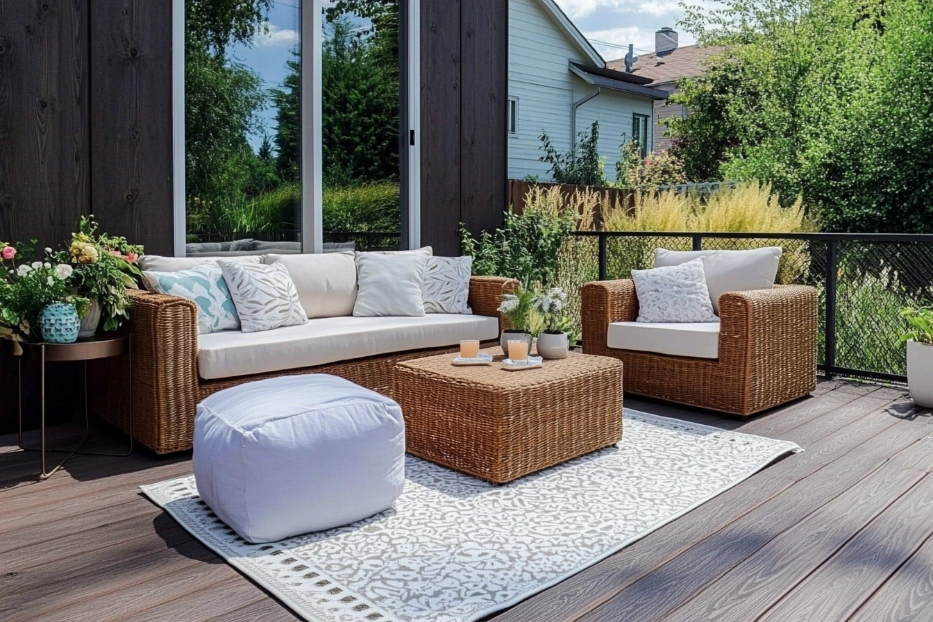 Salon extérieur élégant sur terrasse en bois avec mobilier en rotin, coussins blancs et plantes décoratives