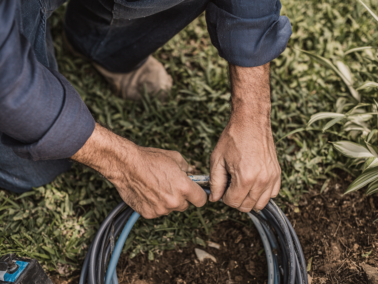 Technician connecting irrigation cables on a grassy field