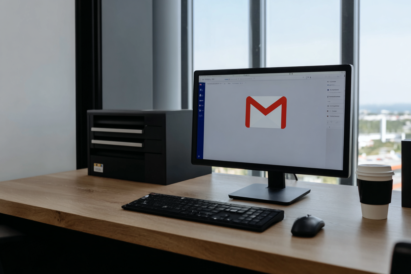 Bureau moderne avec écran d’ordinateur affichant Gmail, clavier, souris et café à emporter, devant une grande fenêtre vitrée.