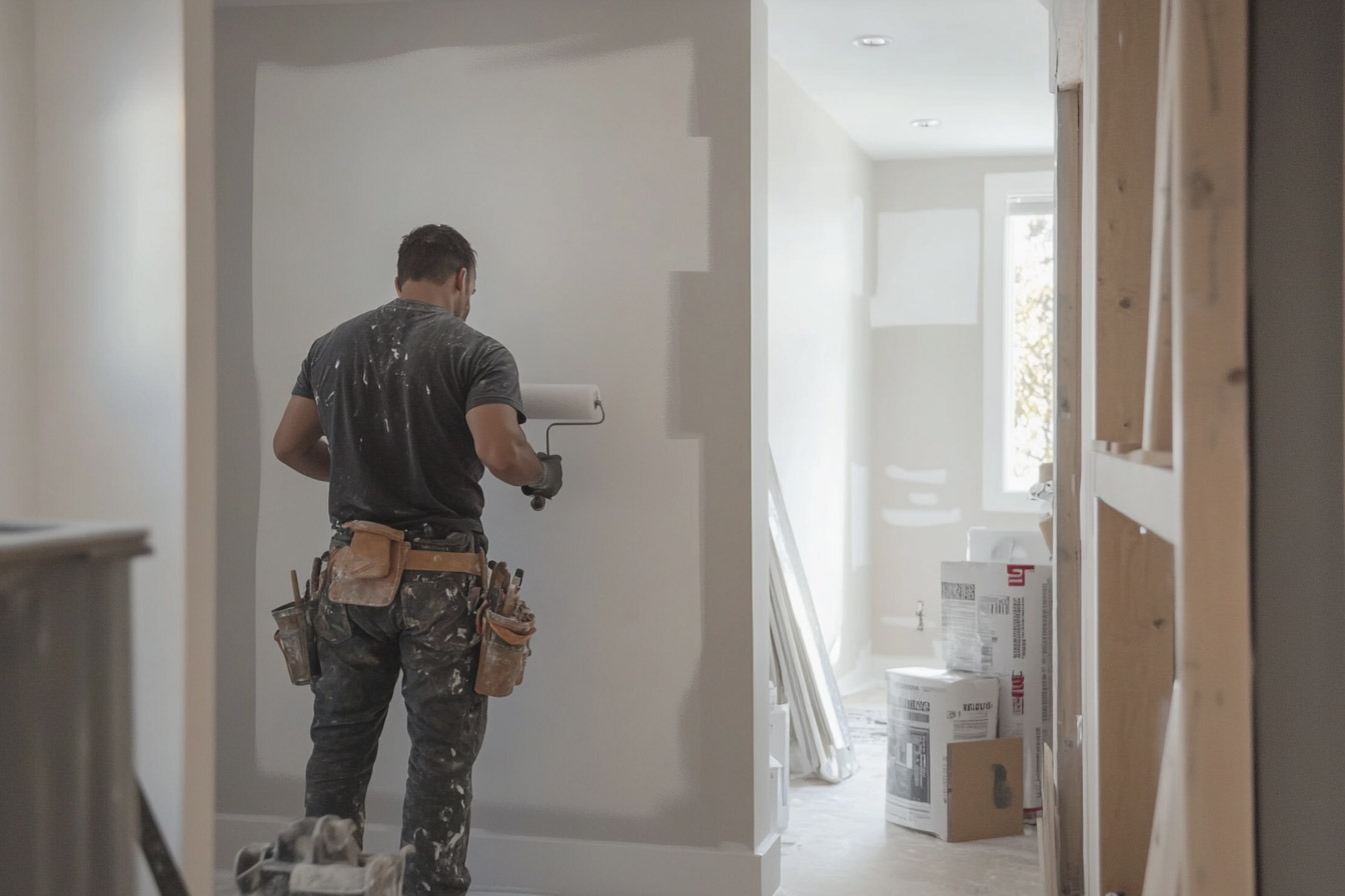 A photo of a man painting the wall white, wearing painter's overalls and holding a paint roller in his hand, side view, with side lighting on his face, against a white background.&nbsp;