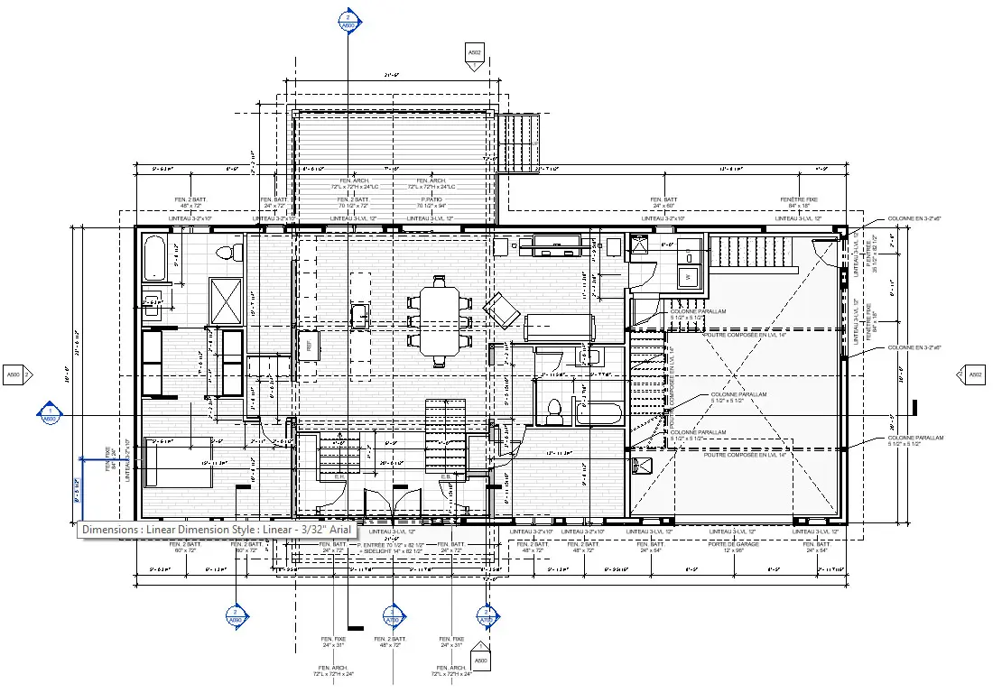 Detailed architectural floor plan of a single-family house with attached garage, open-concept kitchen, central dining room, living room, bedrooms, bathrooms, interior staircase and rear terrace