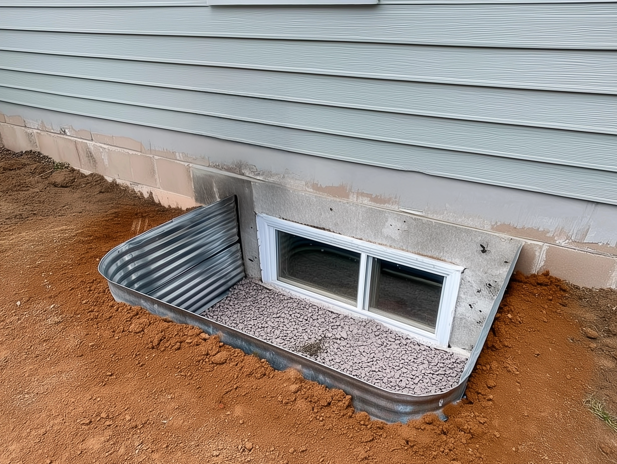 Corrugated steel window well installed in front of basement window with gravel base for drainage