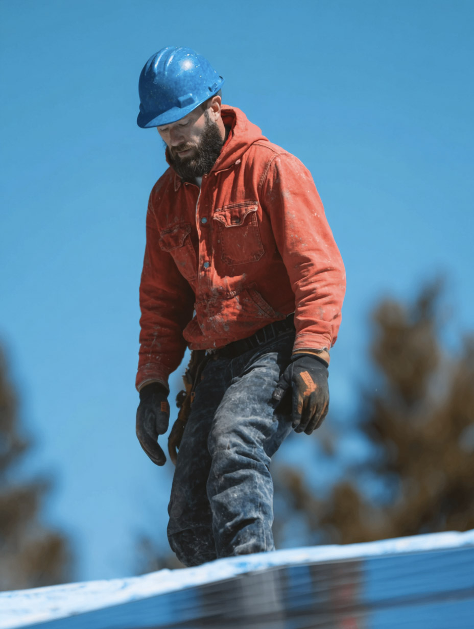 Travailleur de la construction portant un casque bleu, un chandail orange et des gants sur une toiture par temps ensoleillé