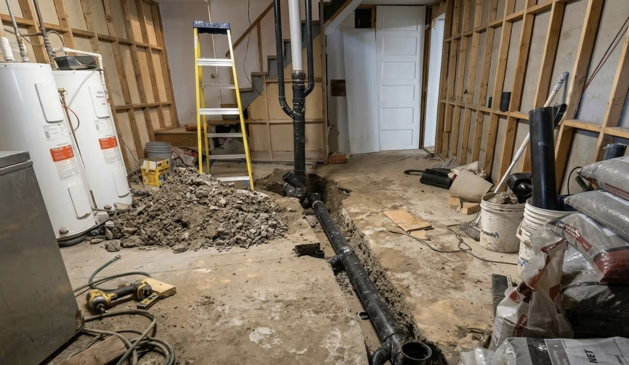 Basement under renovation with trench for drainage piping and exposed plumbing, foundation work in progress