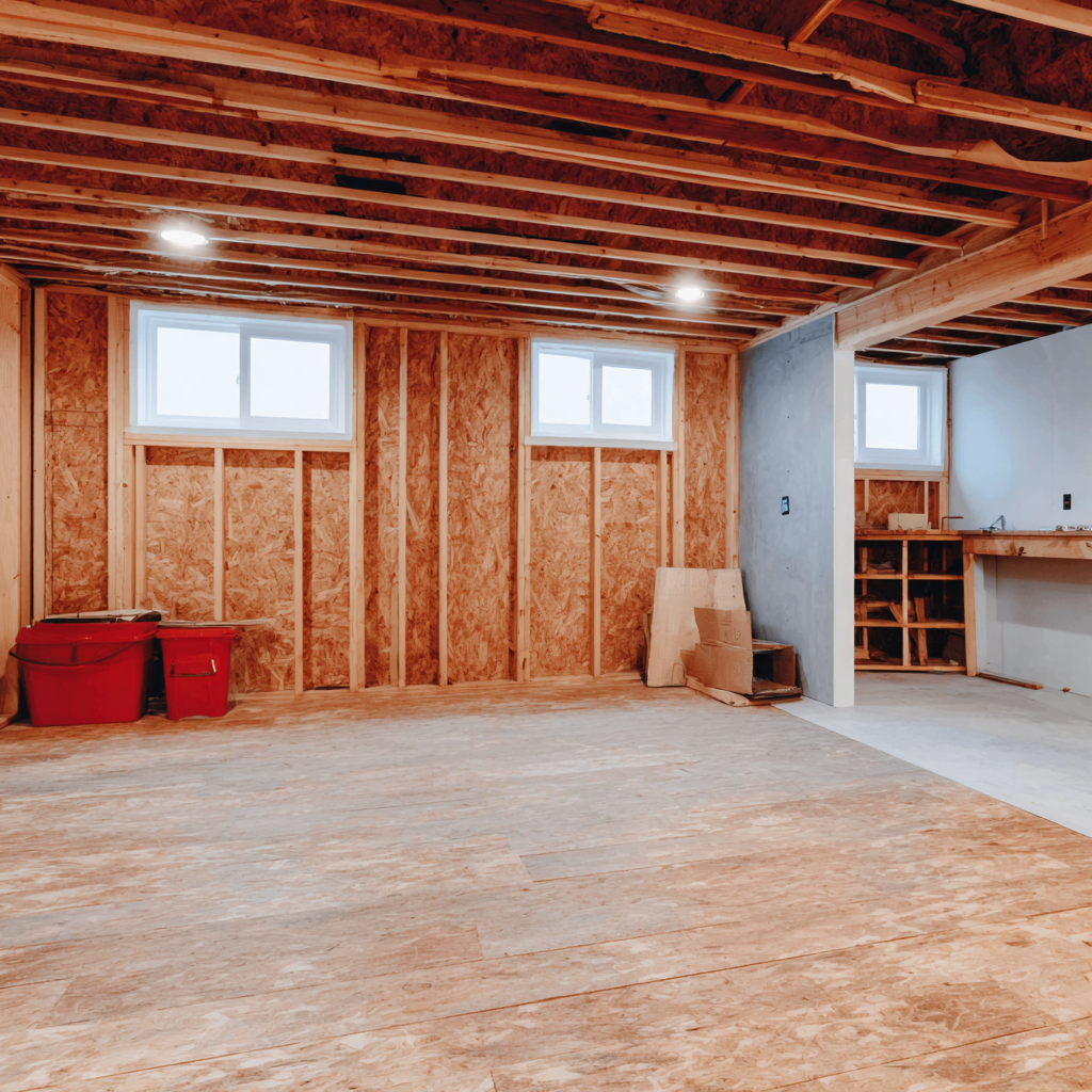 Sous-sol résidentiel en cours de rénovation avec ossature en bois apparente, plafond ouvert, éclairage encastré, fenêtres, plancher brut et cloisons partiellement fermées