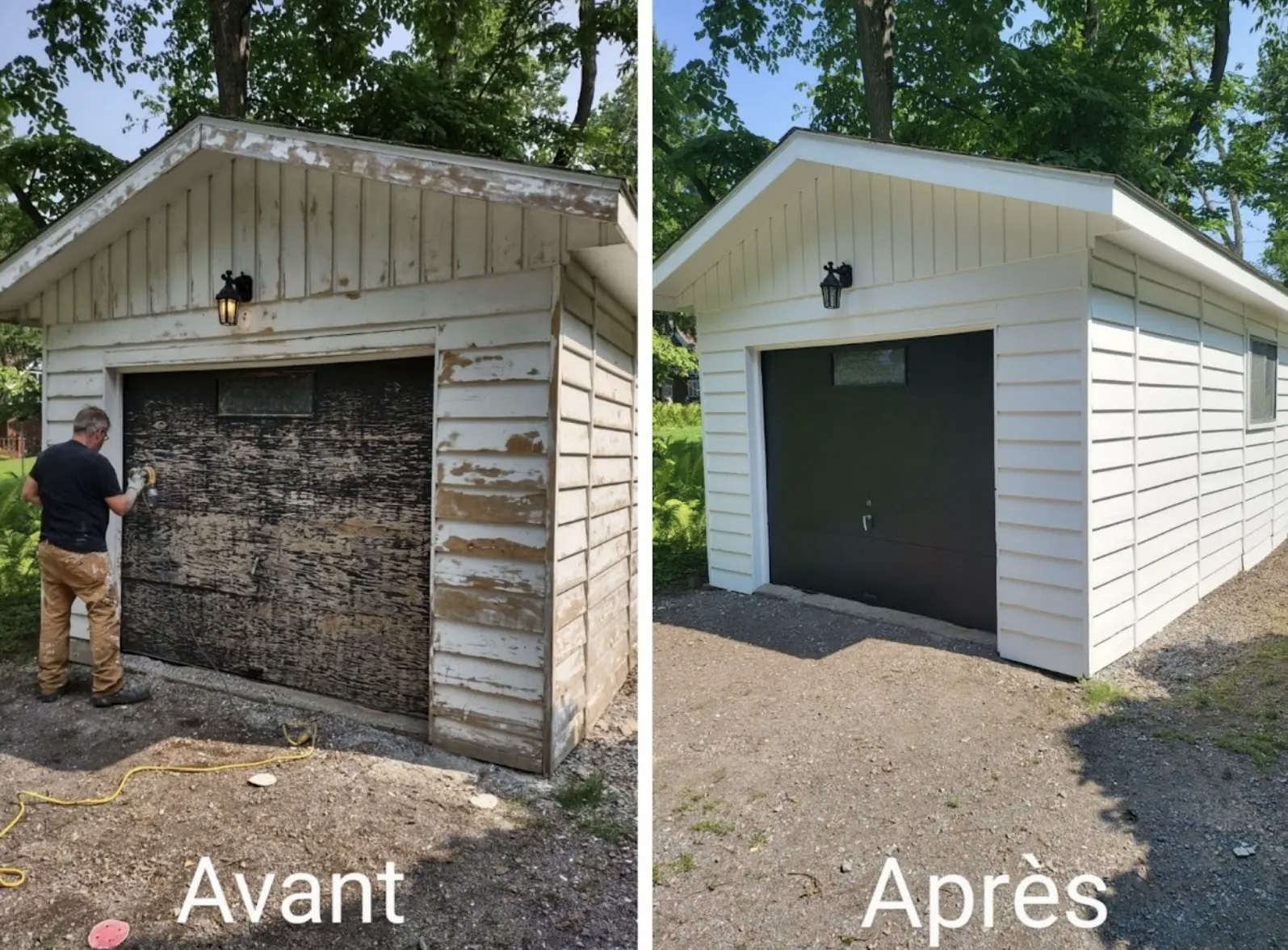 Before and after garage renovation: old wood siding stripped and repainted white, with a new black garage door installed.