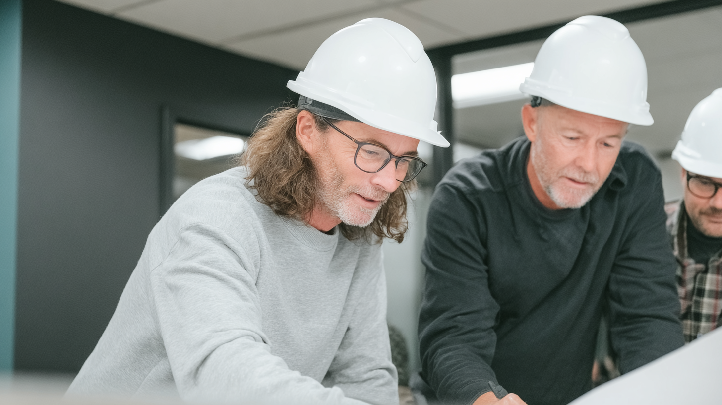 Équipe de professionnels de la construction portant des casques blancs et consultant des plans de chantier