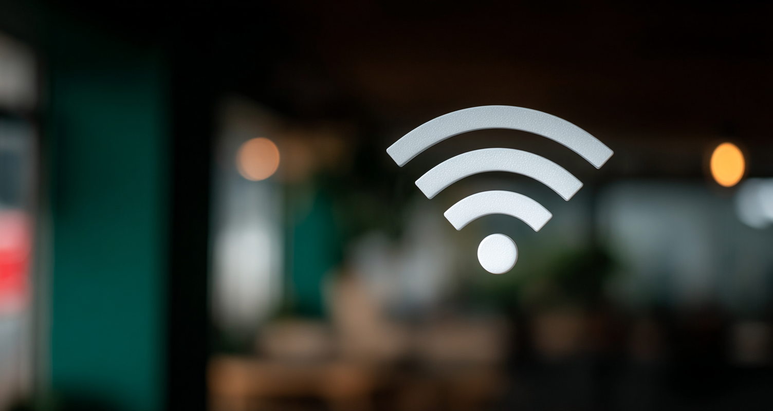 White Wi-Fi icon on blurred indoor background representing wireless connectivity in a modern space