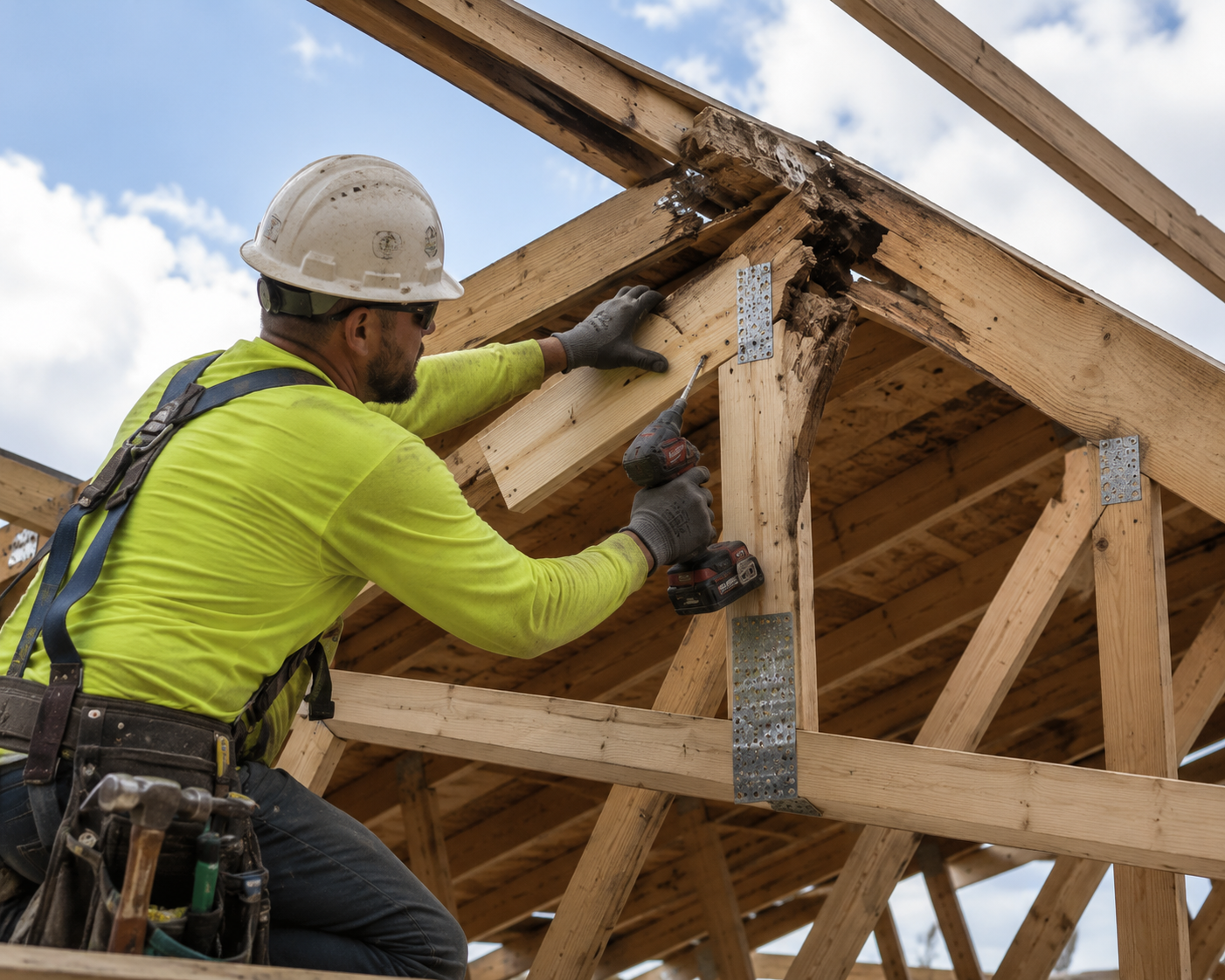 Worker repairing a damaged wood roof truss with a drill, metal connectors and safety equipment