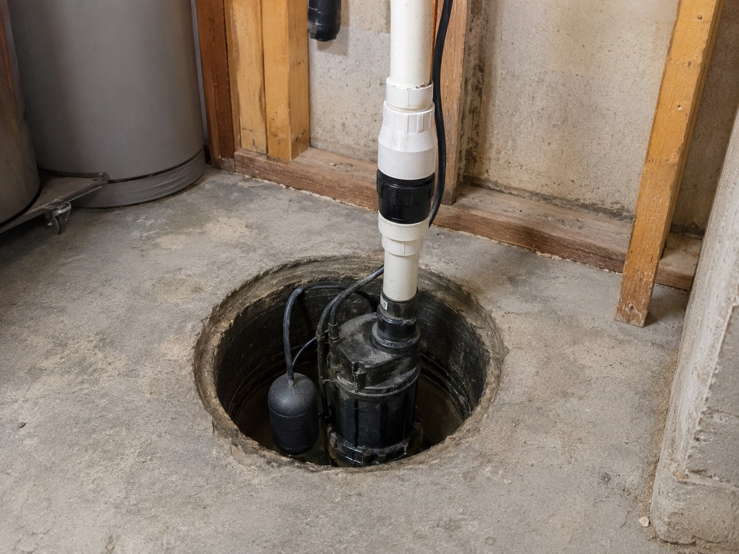 Pompe de puisard installée dans un bassin de sous-sol avec tuyau en PVC, flotteur et plancher de béton résidentiel.