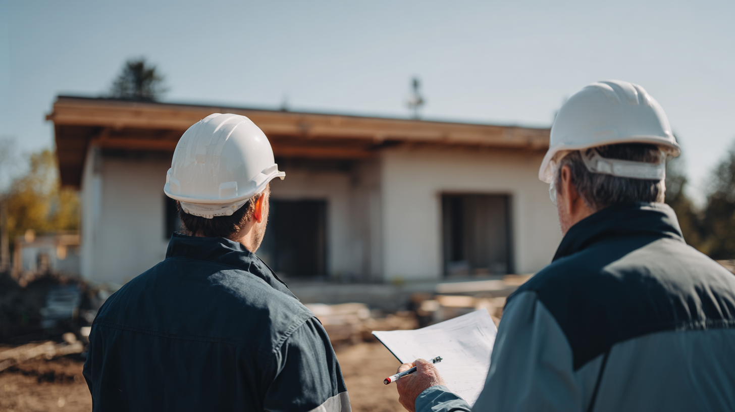Deux professionnels de la construction portant des casques de sécurité examinent un plan devant une maison en chantier