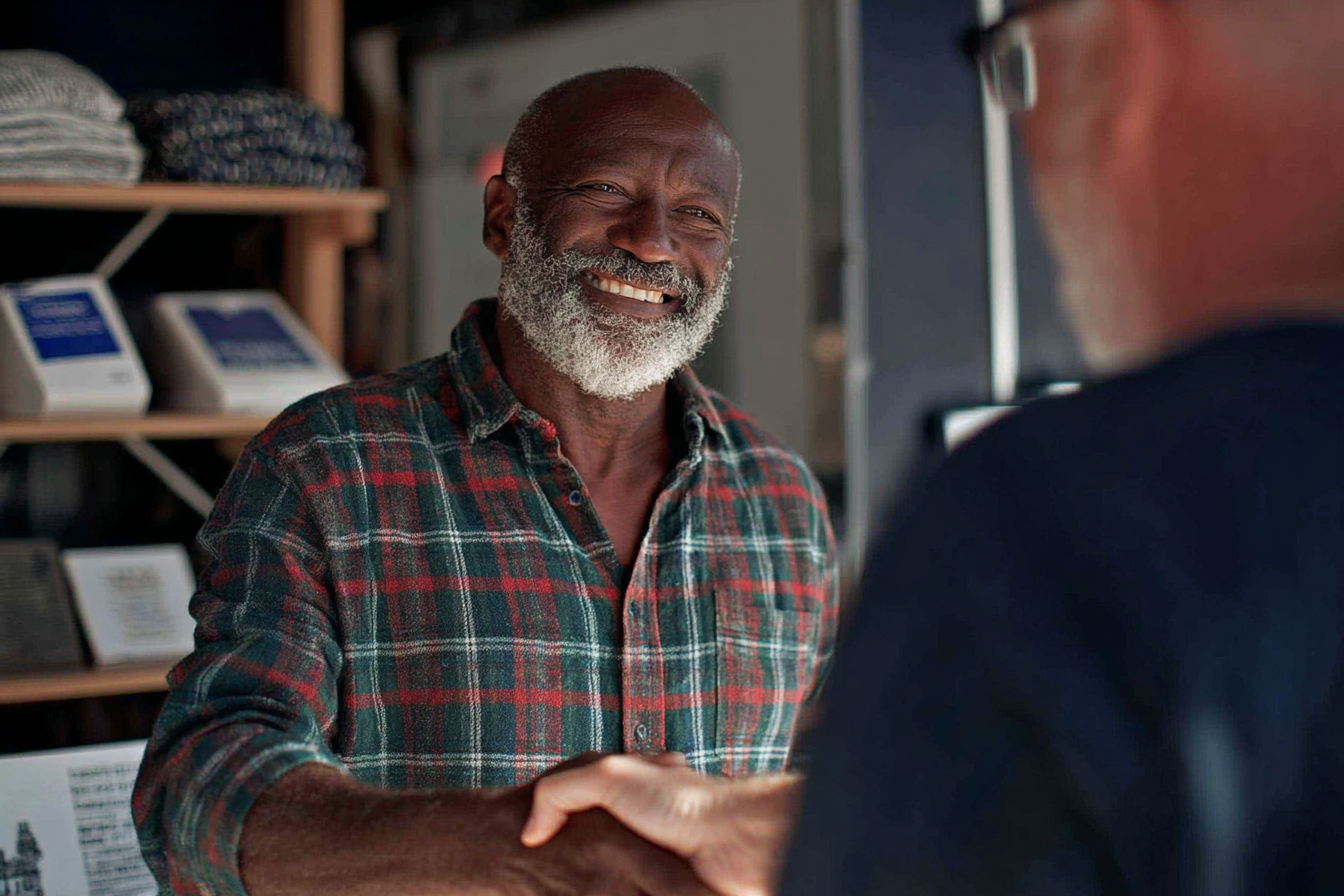 Rencontre chaleureuse entre deux hommes serrant la main dans un commerce, l’un souriant avec convivialité.
