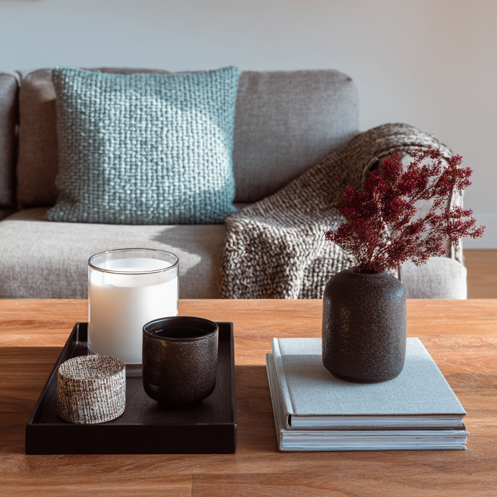 Warm living room with gray sofa, textured blue pillow, knitted throw, wooden coffee table, decorative tray, candle, books and black vase with red dried flowers