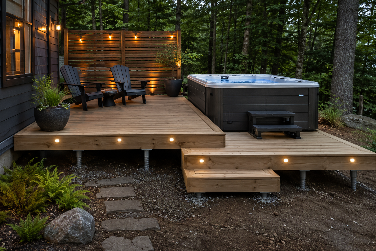 Terrasse en bois moderne avec spa extérieur, écran d’intimité en bois, éclairage intégré, fauteuils Adirondack et aménagement paysager en forêt