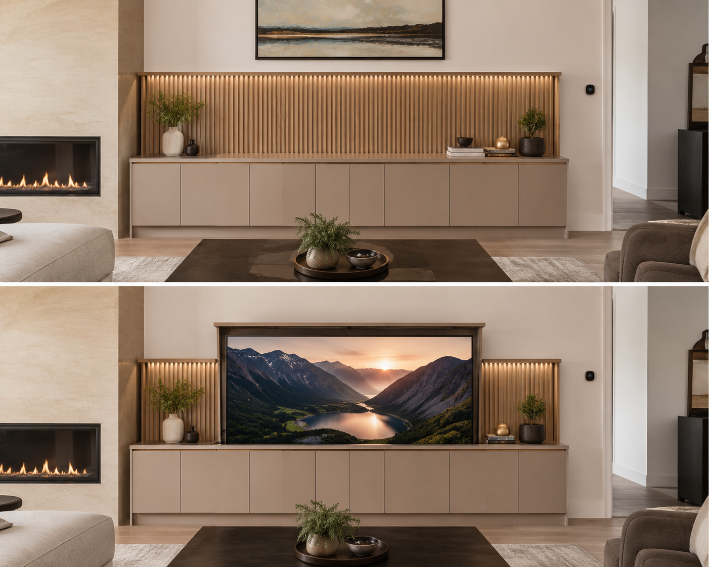Comparaison en deux vues d’un salon contemporain avec meuble multimédia sur mesure, téléviseur escamotable, panneaux muraux rainurés rétroéclairés et foyer linéaire