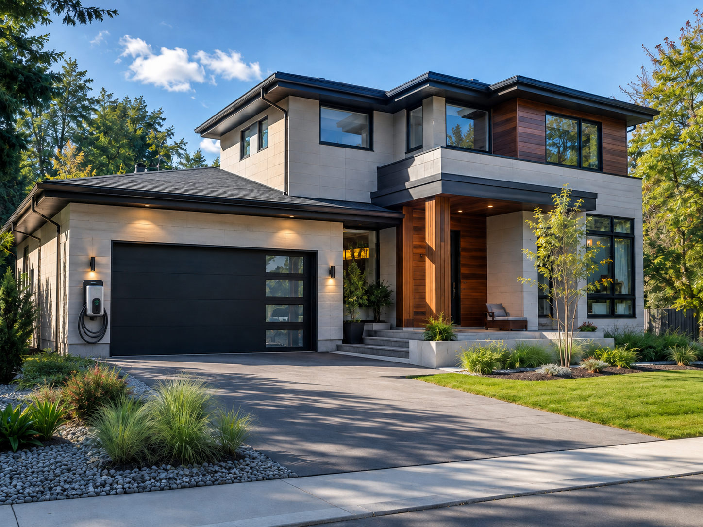 Contemporary home with an electric vehicle charging station installed beside the garage, modern landscaping, and a high-end residential entrance