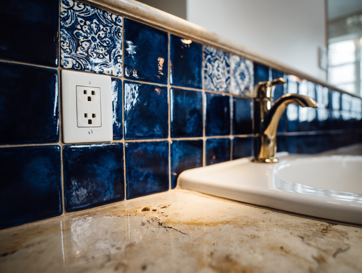 Dosseret en carreaux zellige bleus avec prise électrique et robinet doré sur comptoir en pierre dans une salle de bain élégante