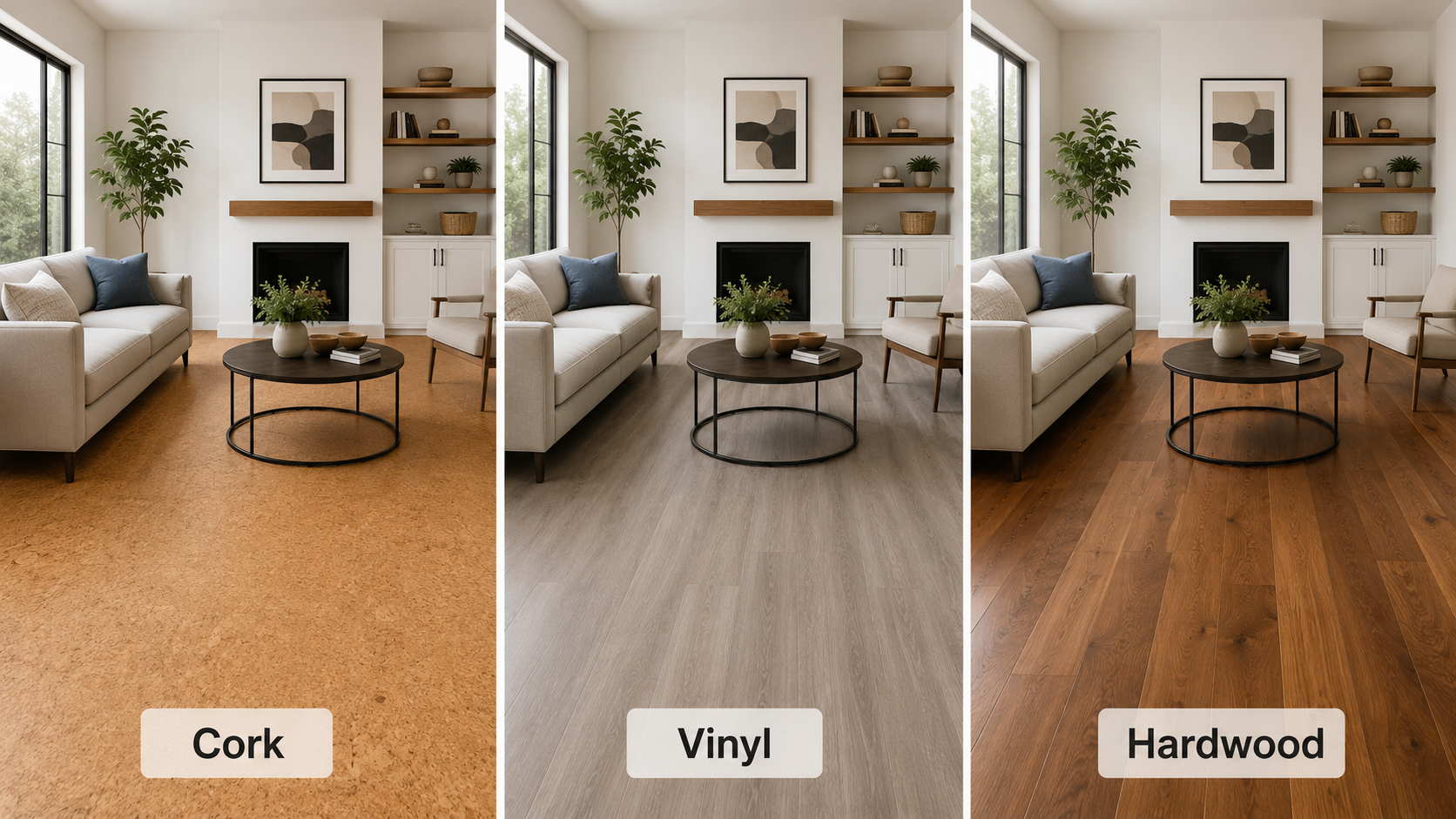 Comparison of cork, vinyl and hardwood flooring in a modern living room with fireplace and light furniture