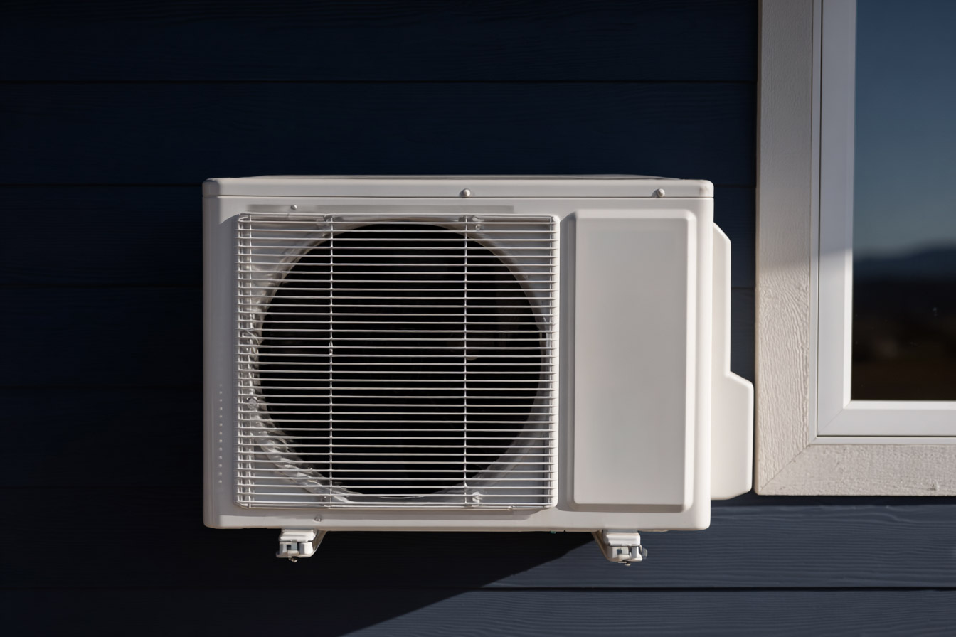 White outdoor wall-mounted air conditioning unit installed on a dark blue wall next to a window