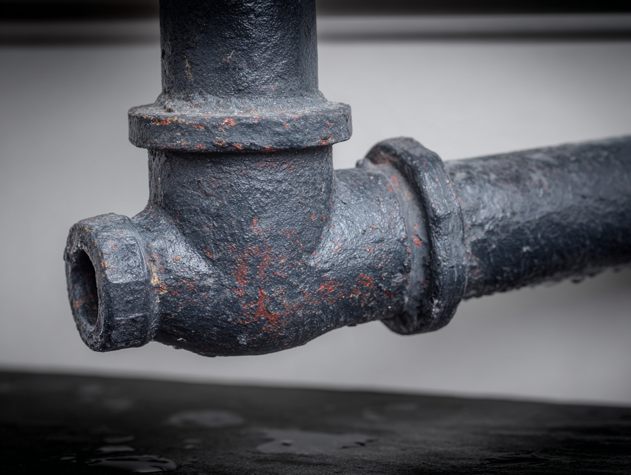 Rusty cast iron pipe joint showing advanced corrosion and potential leak risk