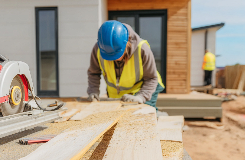 Travailleur de la construction découpant des planches de bois sur un chantier résidentiel