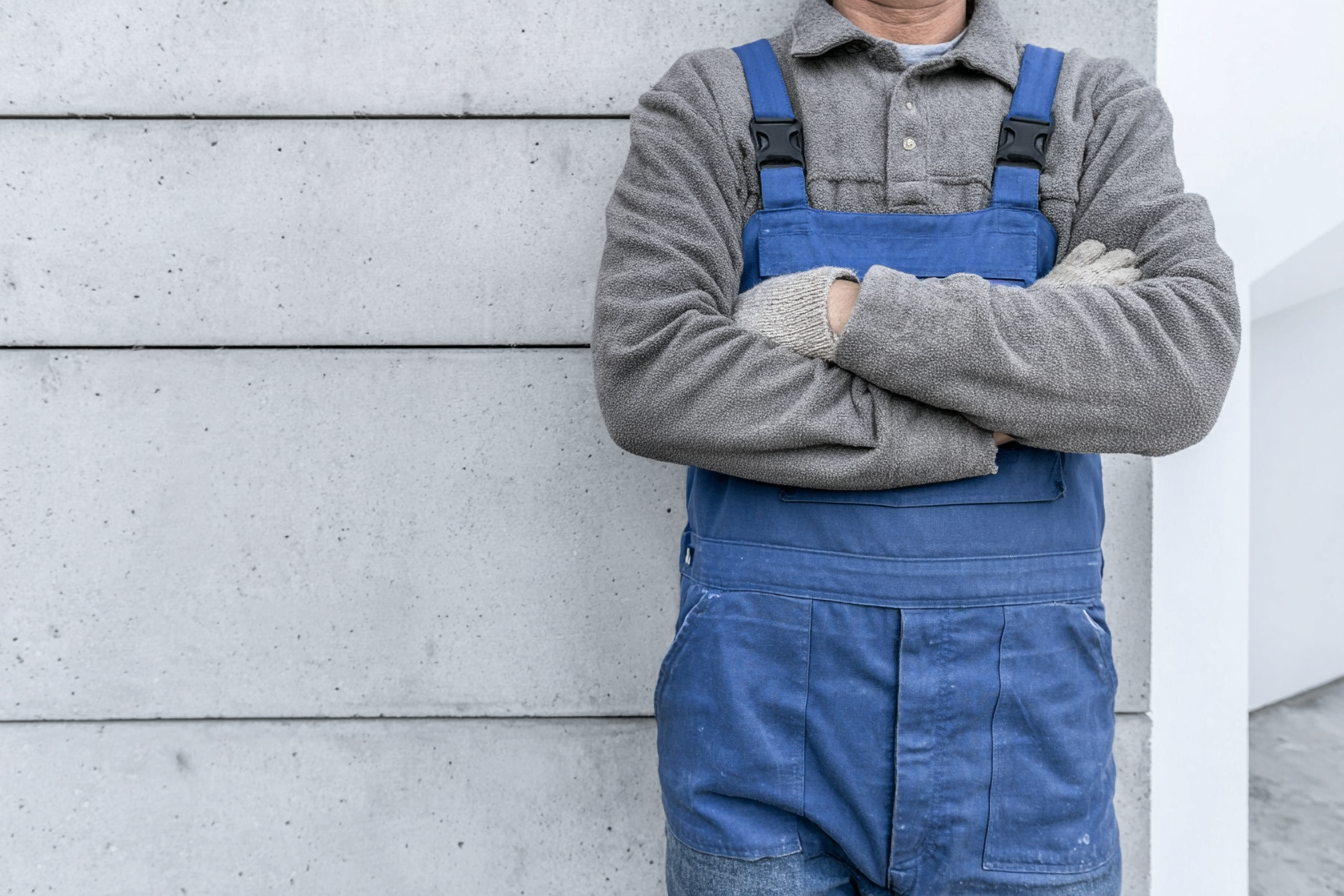 Travailleur du bâtiment en salopette bleue et chandail gris, bras croisés, debout devant un mur en béton moderne.