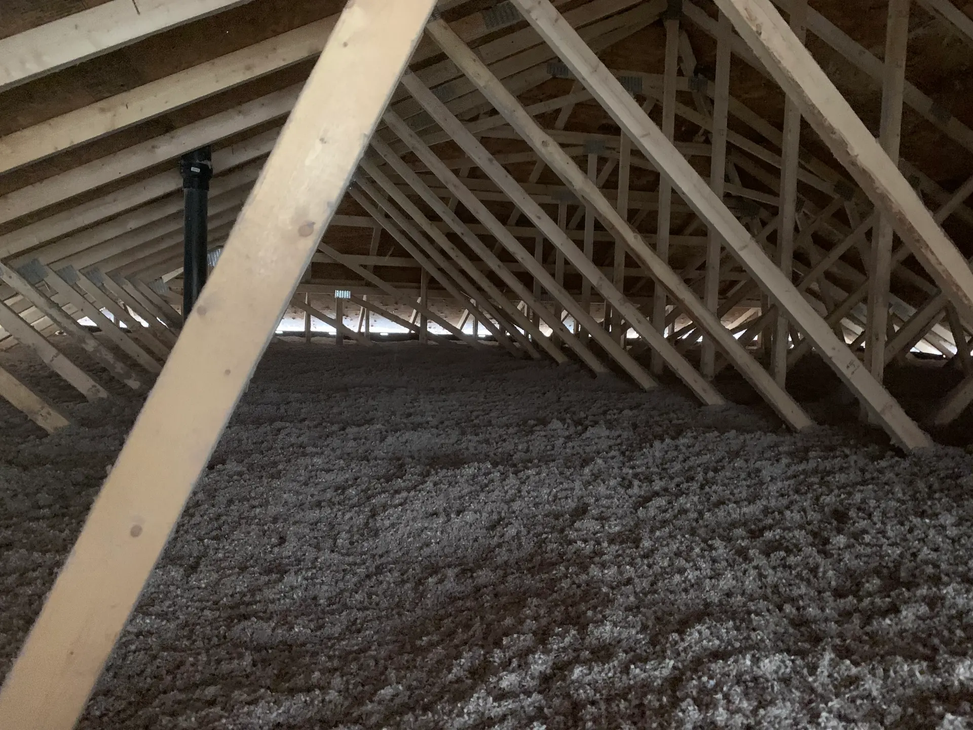 Attic with blown-in fiber insulation and exposed wooden framework.