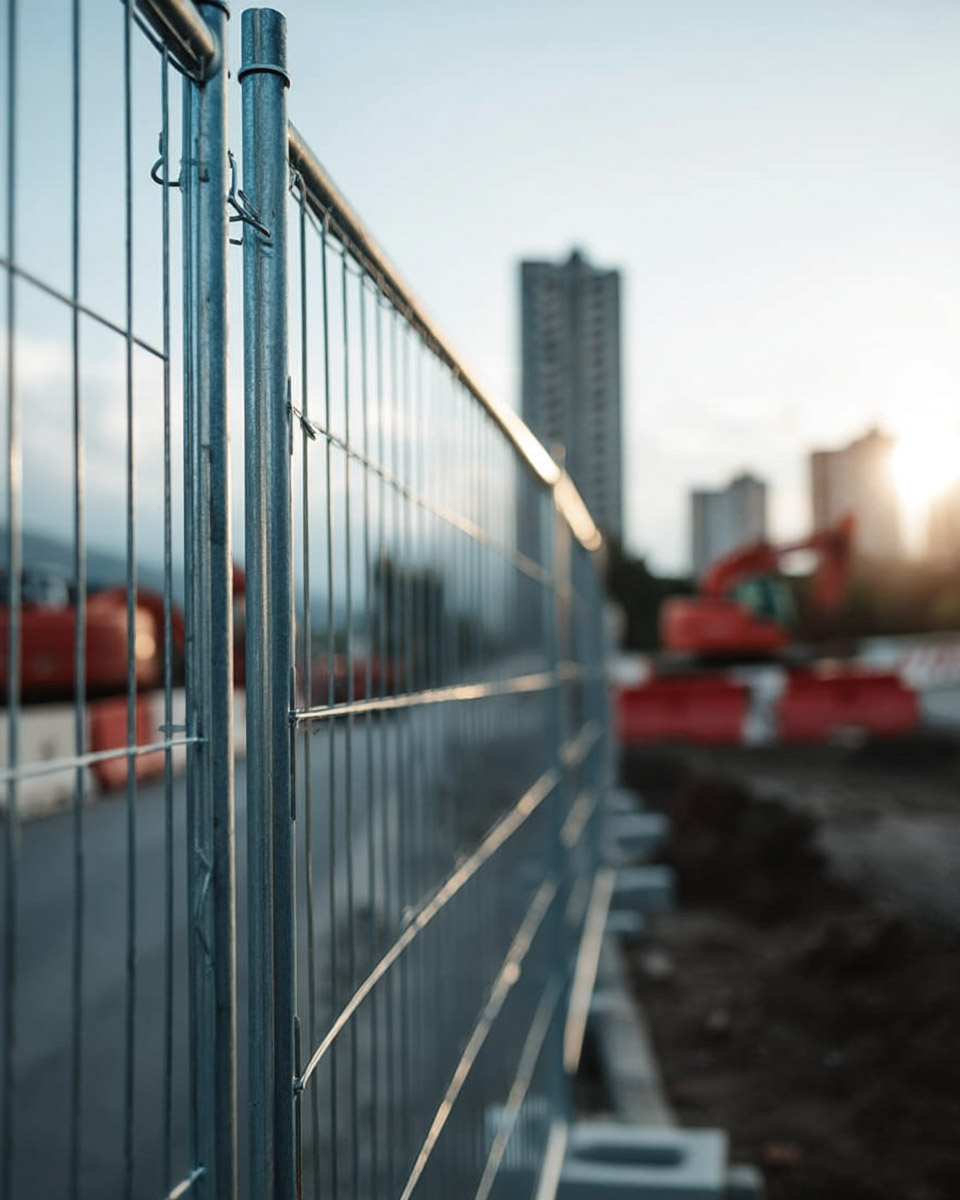 Clôture métallique de chantier en perspective avec pelle mécanique et immeubles urbains en arrière-plan au coucher du soleil.