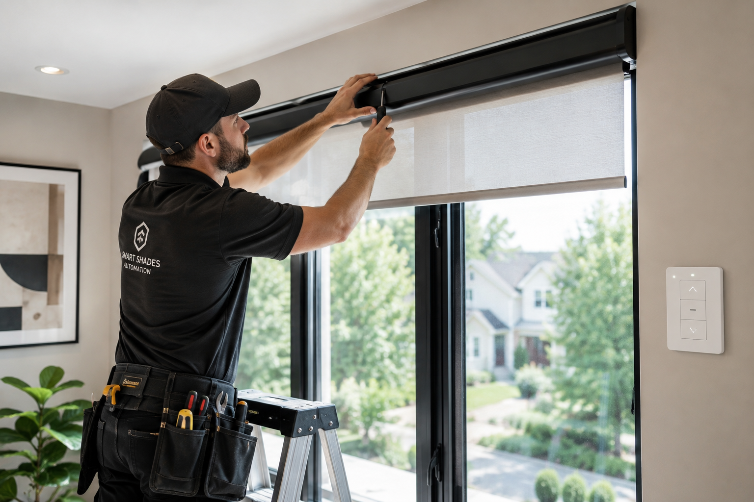 Technician adjusting a smart motorized roller blind above a large window with a wall control, stepladder, and professional installation tools