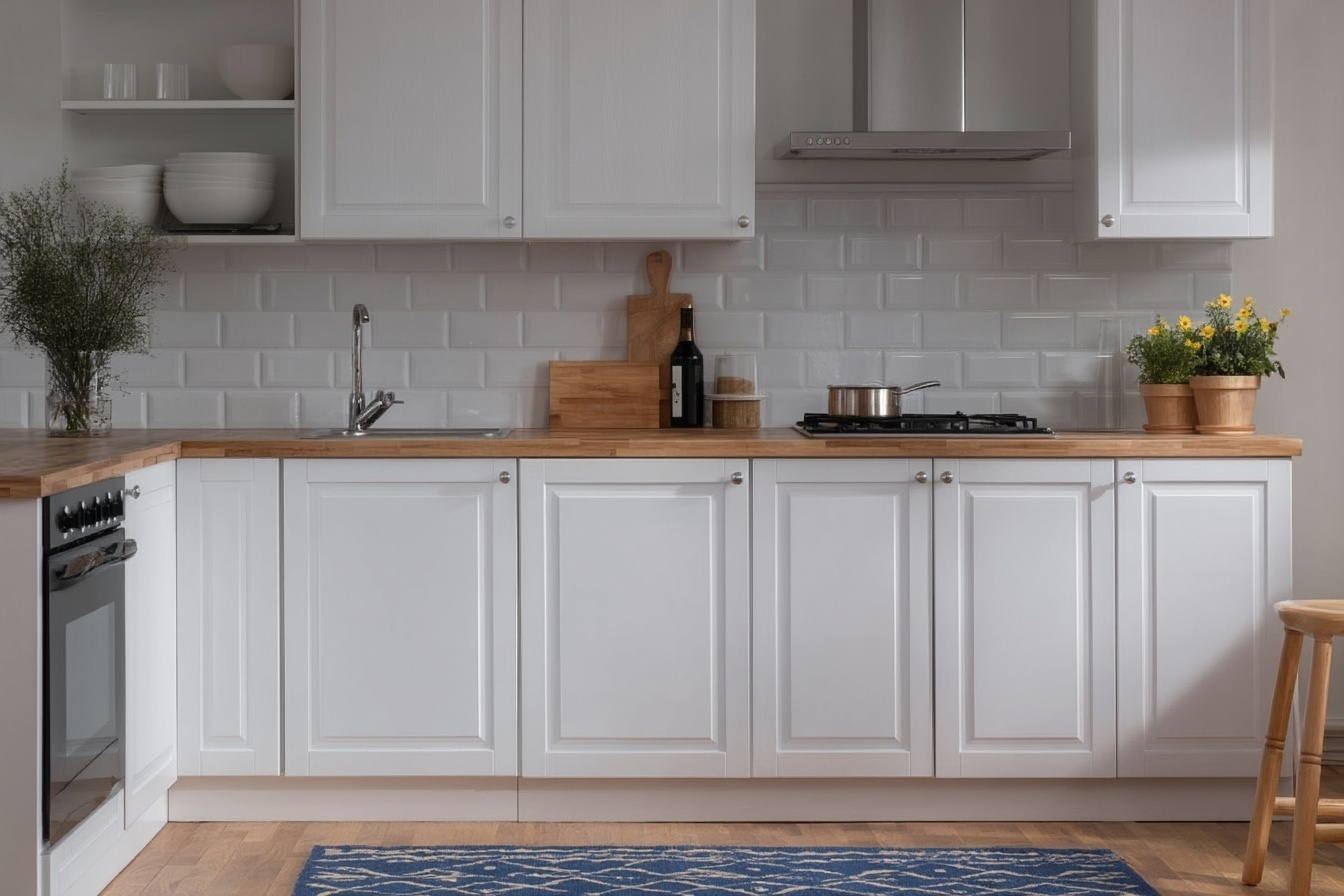 Cuisine moderne blanche avec armoires de style shaker, comptoir en bois naturel et dosseret en céramique métro. Aménagement intérieur lumineux avec évier, cuisinière, hotte et étagères décoratives dans un espace résidentiel minimaliste.