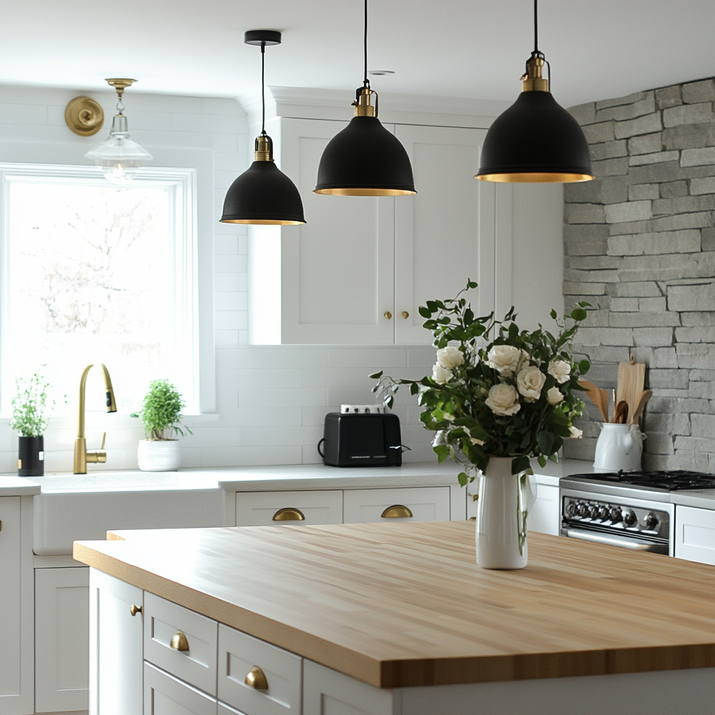 Modern farmhouse kitchen with white cabinets, wooden countertops, and a stone backsplash.