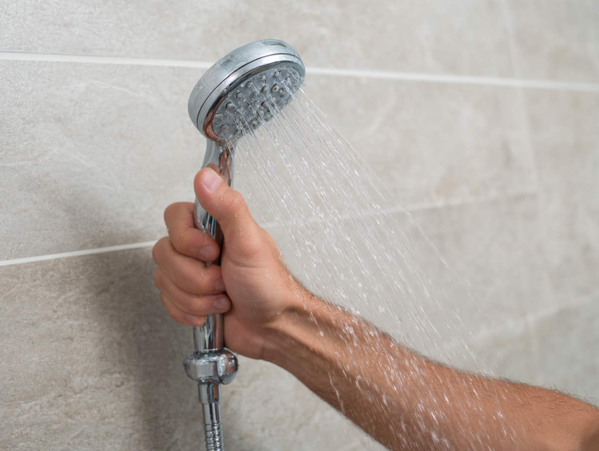 Hand holding a shower head with jet water in a modern bathroom
