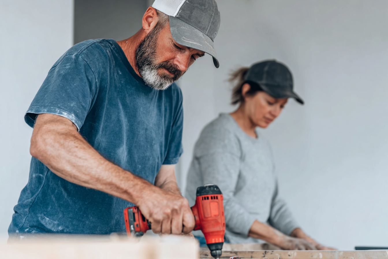 Couple performing interior home renovation work with a cordless drill and construction materials inside a house under renovation.